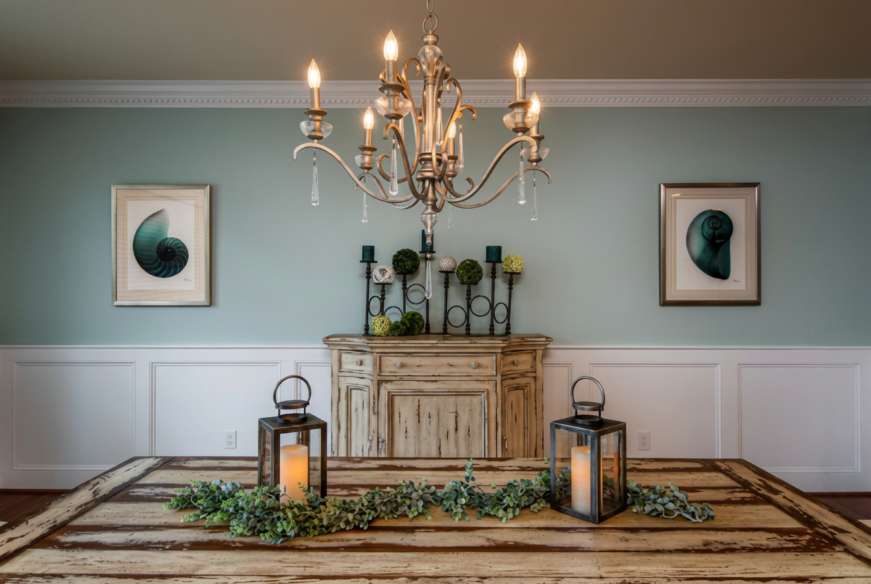 Elegant dining room interior with chandelier and lanterns